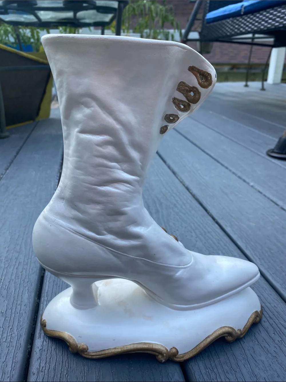 Vintage Atlantic Mold White Gold Button-Accent Women's Victorian Boot Vase